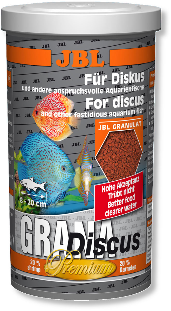 Корм для дискусов JBL Grana Discus, в форме гранул, 440 г (1 л)JBL4052100 Корм для дискусов JBL Grana Discus, в форме гранул, 440 г (1 л)JBL4052100Корм JBL Grana Discus представляет собой богатые питательными веществами гранулы для дискусов и других разборчивых в питании аквариумных рыб, таких как маленькие пестрые окуни, скалярии и другие декоративные рыбы. Гранулы уходят под воду с различной скоростью, благодаря чему корм могут получать рыбы, находящиеся в различных слоях аквариума. Комбинация протеинов, жиров и углеводов, а также минералов и микроэлементов, подобранная специально под питательные потребности указанной группы рыб, поддерживает их рост. Каротиноиды, а также жизненно важные витамины заботятся о естественной яркости окраски и укрепляют здоровье рыб. Содержит 20% креветок.Корм предназначен для рыб длиной 8-20 см. Рекомендации по кормлению: 2-3 раза в день в количестве, которое съедается рыбами за 2-3 минуты. Состав: моллюски и ракообразные, злаки, овощи, растительные побочные продукты, масла и жиры, рыба и рыбные побочные продукты. Анализ: протеин - 43%, жир - 7%, клетчатка - 2,5%, зола - 7%. Содержание витаминов в 1 кг: Витамин А 25000 I.E., Витамин D3 2000 I.E., Витамин Е 330 мг, Витамин C 400 мг. Товар сертифицирован.