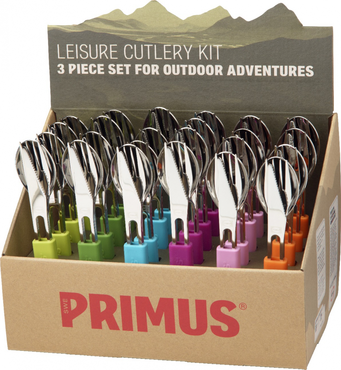 Набор столовых приборов Primus Leisure Cutlery, 72 предмета735440 Набор столовых приборов Primus Leisure Cutlery, 72 предмета735440Столовые приборы Primus Leisure Cutlery выполнены из высококачественной нержавеющей стали.Набор включает в себя ложки, вилки и ножи. Этот компактный набор подойдет всем, кто путешествует, ходит в походы, отдыхает в кемпинге. Фиксатор из разноцветного силикона удерживает предметы вместе. Предметы удобно лежат в руке и имеют легкий вес. В комплект входят 24 набора по три предмета в каждом.