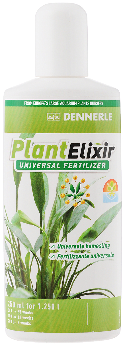 Удобрение для аквариумных растений Dennerle Plant Elixir, универсальное, 250 мл0120710 Удобрение для аквариумных растений Dennerle Plant Elixir, универсальное, 250 мл0120710Удобрение для аквариумных растений Dennerle Plant Elixir представляет собой комплекс питательных элементов. Это универсальный препарат, дающий аквариумным растениям энергию роста. Удобрение содержит все жизненно важные минеральные вещества и микроэлементы в доступной для растений форме. Способствует образованию свежей ярко-зеленой листвы. Предотвращает появление желтых полупрозрачных листьев.Не содержит фосфаты и нитраты.Дозировка: еженедельно 10 мл (1/2 крышечки) на 100 л аквариумной воды.