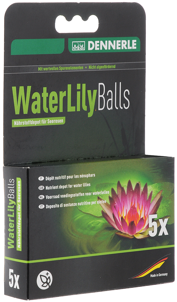 Удобрение в виде шариков Dennerle Water Lily Fertilizer Balls, для нимфей и других прудовых растений, 5 штDEN3417 Удобрение в виде шариков Dennerle Water Lily Fertilizer Balls, для нимфей и других прудовых растений, 5 штDEN3417Удобрение Dennerle Water Lily Fertilizer Balls идеально работает для усиления вновь высаженных растений и в качестве дополнительной подкормки растений, произрастающих вдоль берега пруда. Удобрение усиливает рост рост любых прудовых растений, ускоряет рост вновь высаженных растений и является дополнительным источником питания, способствует мощному росту и обильному цветению, а также не вызывает рост водорослей, так как не содержит фосфатов и нитратов.Товар сертифицирован.