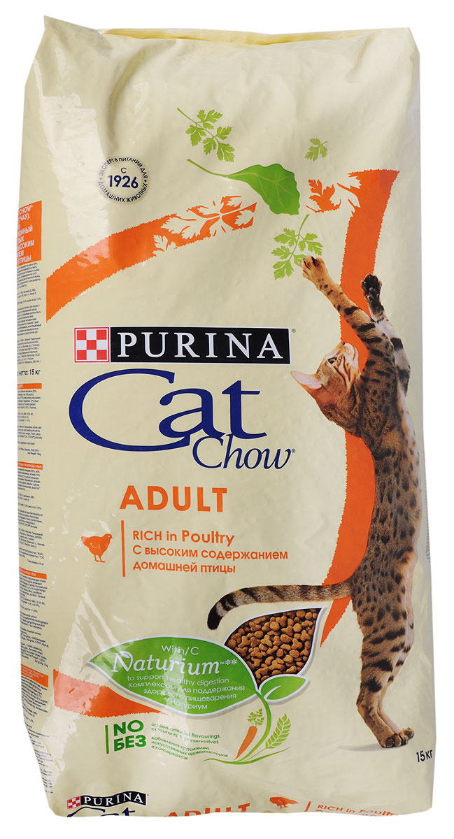Корм сухой Cat Chow Adult для взрослых кошек, с домашней птицей и индейкой, 15 кг0120710 Корм сухой Cat Chow Adult для взрослых кошек, с домашней птицей и индейкой, 15 кг0120710Cat Chow Adult - это сухой корм для кошек с высоким содержанием домашней птицы, с источниками высококачественного белка в каждой порции для поддержания оптимальной массы тела. Он сочетает в себе натуральные ингредиенты: тщательно отобранные травы и овощи (петрушка, шпинат, морковь, горох). Отобранные ингредиенты придают особый аромат, который кошки выбирают инстинктивно. Высокое содержание витамина Е поддерживает естественную защиту организма кошки. Корм содержит мякоть свеклы и цикорий для поддержания здорового пищеварения и уменьшения запаха от туалетного лотка.Товар сертифицирован.