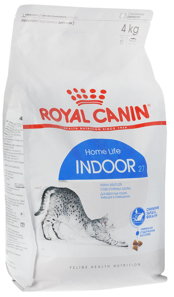 Корм сухой Royal Canin Indoor 27, для кошек в возрасте от 1 года до 7 лет, живущих в помещении, для ослабления запаха фекалий, 4 кг0120710 Корм сухой Royal Canin Indoor 27, для кошек в возрасте от 1 года до 7 лет, живущих в помещении, для ослабления запаха фекалий, 4 кг0120710Сухой корм Royal Canin Indoor 27 - полнорационное питание для кошек от 1 до 7 лет, живущих в помещении.Кошка, постоянно живущая в помещении, ограничена в движении, поэтому большую часть своего времени она тратит на сон и прием пищи. Низкая активность кошки вызывает вялую работу кишечника и, как следствие, появление жидкого стула с резким неприятным запахом. У домашних кошек повышается риск появления избыточного веса.Ежедневное вылизывание шерсти приводит к образованию волосяных комочков в желудке кошки. Ослабляет запах фекалий кошки благодаря высокому содержанию L.I.P. Высокоперевариваемый корм Royal Canin Indoor 27 способствует значительному ослаблению запаха стула кошки в результате уменьшения выделения сероводорода - зловонного газа, выделяющегося из фекалий.Умеренное содержание энергии: способствует уменьшению жировых отложений у кошек за счет умеренного содержания калорий и добавления L-карнитина (50 мг/кг). Выведение волосяных комочков: стимулирует кишечный транзит благодаря сочетанию ферментируемой и неферментируемой клетчатки.Состав: кукуруза, дегидратированное мясо домашней птицы, рис, изолят растительного белка, пшеница, животные жиры, гидролизат белков животногопроисхождения, растительная клетчатка, минеральные вещества, свекольный жом, соевое масло, фруктоолигосахариды, дрожжи, рыбий жир.Добавки (на 1 кг):Витамин А - 14700 МЕ, Витамин D3 - 800 МЕ, Е1 (железо) - 50 мг, Е2 (йод) - 5 мг, Е5 (марганец) - 56 мг, Е6 (цинк) - 194 мг, Селен - 0,11 мг, консервант: сорбат калия,антиоксиданты: пропигаллат, БГА.Товар сертифицирован.