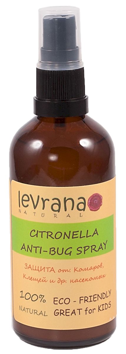 Levrana Спрей от комаров и насекомых ANTI-BUG SPRAY, 100 млFS-00897 Levrana Спрей от комаров и насекомых ANTI-BUG SPRAY, 100 млFS-00897100% натуральный спрей - защита от комаров, клещей, мошек, муравьев и многих других насекомых.Защиту обеспечивают эфирные масла: Герань Египетская, Цитронелла, Лемонграсс, Кедр Атласский, Розмарин, Лаванда, Чайное Дерево.Подходит для всей семьи, в том числе для самых маленьких 0+