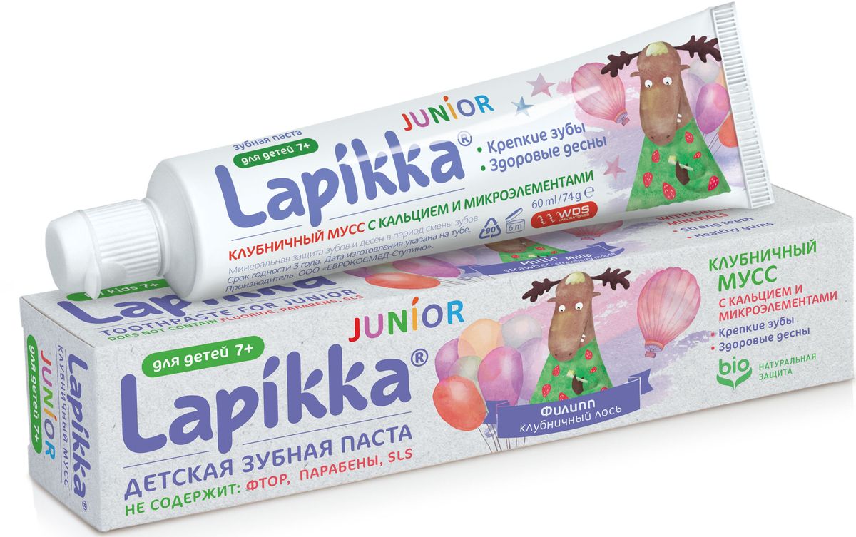 Lapikka Зубная паста с кальцием и микроэлементами Junior Клубничный мусс 74 гSatin Hair 7 BR730MN Lapikka Зубная паста с кальцием и микроэлементами Junior Клубничный мусс 74 гSatin Hair 7 BR730MNМинеральная защита зубов и десен в период смены зубов. Кальций и фосфор включены в состав зубной пасты, так как они являются главными минеральными компонентами зубов. Кальций в виде ионов проникает в эмаль зубов, укрепляет ее и помогает противостоять кариесу. Микроэлементы питают зубы и защищают десны. Чистите зубы вашего малыша два раза в день вкусной зубной пастой Lapikka.БЕЗОПАСНА ПРИ ПРОГЛАТЫВАНИИНЕ СОДЕРЖИТ: ФТОР, ПАРАБЕНЫ, ЛАУРИЛСУЛЬФАТ НАТРИЯТовар сертифицирован.