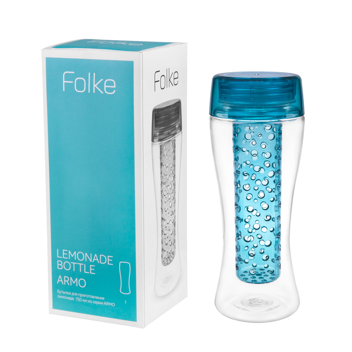 Бутылка для смешивания Folke, 750 мл, цвет: голубой. 1516083UVT-1520(SR) Бутылка для смешивания Folke, 750 мл, цвет: голубой. 1516083UVT-1520(SR)Серия бутылок Armo от Folke — яркое и современное решение для приготовления лимонадов.Поместите в колбу Ваши любимые фрукты, смешайте с водой или йогуртом, при желании добавьте лед.Бутылки Armo — идеальные спутницы в дороге, спортзале и на прогулках. Разработаны для ценителей натуральных продуктов!Бутылка для приготовления лимонада 750 мл Armo. Lemonade Bottle Armo.Тип упаковки: подарочная коробка.