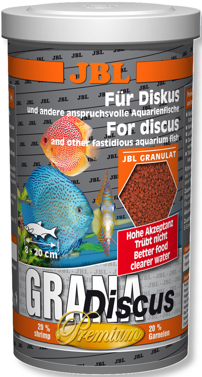 Корм для дискусов JBL Grana Discus, в форме гранул, 250 мл (110 г)JBL4052000 Корм для дискусов JBL Grana Discus, в форме гранул, 250 мл (110 г)JBL4052000Корм для дискусов JBL Grana Discus в форме гранул - полноценный корм, который обеспечивает оптимальный рост и яркую окраску. Корм питательный, легко переваривается и укрепляет иммунитет. Идеален для дискусов благодаря полуплавучим гранулам. Предназначен для рыб длиной 8-20 см. Корм подходит и для других разборчивых в питании аквариумных рыб, таких как маленькие пестрые окуни, скалярии и другие декоративные рыбы. Гранулы уходят под воду с различной скоростью, благодаря чему корм могут получать рыбы, находящиеся в различных слоях воды. Комбинация протеинов, жиров и углеводов, а также минералов и микроэлементов, подобранная специально под питательные потребности указанной группы рыб, поддерживает их рост. Корм не вызывает помутнения воды: сокращает рост водорослей благодаря правильному содержанию фосфатов, улучшает качество воды благодаря усвояемости, в результате снижается количество экскрементов рыб. Не содержит рыбной муки низкого качества, использована рыба от производства филе для людей.Рекомендации по кормлению: 1-2 раза в день давайте столько, сколько рыбы съедают за несколько минут. Молодым растущим рыбам давайте 3-4 раза в день тем же образом. Состав: моллюски и ракообразные, злаки, овощи, растительные побочные продукты, масла и жиры, рыба и рыбные побочные продукты. Анализ: протеин 46%, жир 6%, клетчатка 1,8%, зола 9,5%. Содержание витаминов в 1 кг: Витамин А 25000 I.E., Витамин D3 2000 I.E., Витамин Е 330 мг, Витамин C 400 мг. Товар сертифицирован.