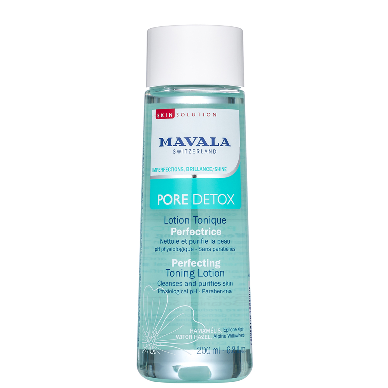 Mavala Тонизирующий Лосьон Pore Detox Perfecting Toning Lotion 200 млFS-00897 Mavala Тонизирующий Лосьон Pore Detox Perfecting Toning Lotion 200 млFS-00897Несовершенства кожи могут быть причиной многих факторов: гормональных сбоев, плохой экологии, агрессивного воздействия внешней среды. В результате выработка кожного секрета нарушается, поры расширяются и становятся более заметными, на лице появляется жирный блеск. Тонизирующий лосьон от швейцарского бренда Mavala входит в линейку Pore Detox— это средства для нормализующего ухода за кожей. Лосьон можно использовать как завершающий этап очищения лица, утром и вечером. Средство создано на основе минеральной воды из Альп и содержит в высокой концентрации цветы Гамамелиса, которые очищают кожу, не пересушивая ее. Экстракт альпийского Кипрея борется с несовершенствами кожи и регулирует работу сальных желез. Формула разработана и протестирована в лаборатории Mavala в Женеве, Швейцария. Естественный pH. Без отдушек, фталатов, масел, сульфатов и парабенов.