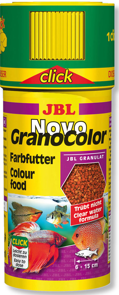 Корм JBL NovoGranoColor Click для особенно яркой окраски рыб, в форме гранул, 250 мл (107 г)0120710 Корм JBL NovoGranoColor Click для особенно яркой окраски рыб, в форме гранул, 250 мл (107 г)0120710Корм JBL NovoGranoColor Click - полноценный корм для оптимального роста и яркой окраски тропических пресноводных рыб размером 6-15 см, кормящихся во всех слоях воды. Корм выполнен в виде плавучих и тонущих гранул, питательный и легко усваивается, подходит для автокормушки. Отборное сырье усиливает окраску. Корм не вызывает помутнения воды, сокращает рост водорослей благодаря правильному содержанию фосфатов, улучшает качество воды, в результате хорошей усвояемости снижается количество экскрементов рыб. Не содержит рыбной муки низкого качества, использована рыба от производства филе для людей. Рекомендации по кормлению: 1-2 раза в день давайте столько, сколько рыбы съедают за несколько минут. Молодых растущих рыб кормите 3-4 раза в день тем же способом. Состав: моллюски и ракообразные, злаки, рыба и рыбные побочные продукты, растительные побочные продукты, овощи, экстракты растительного белка, масла и жиры. Анализ состава: белок 40%, жир 7%, клетчатка 3%, зола 7%. Товар сертифицирован.