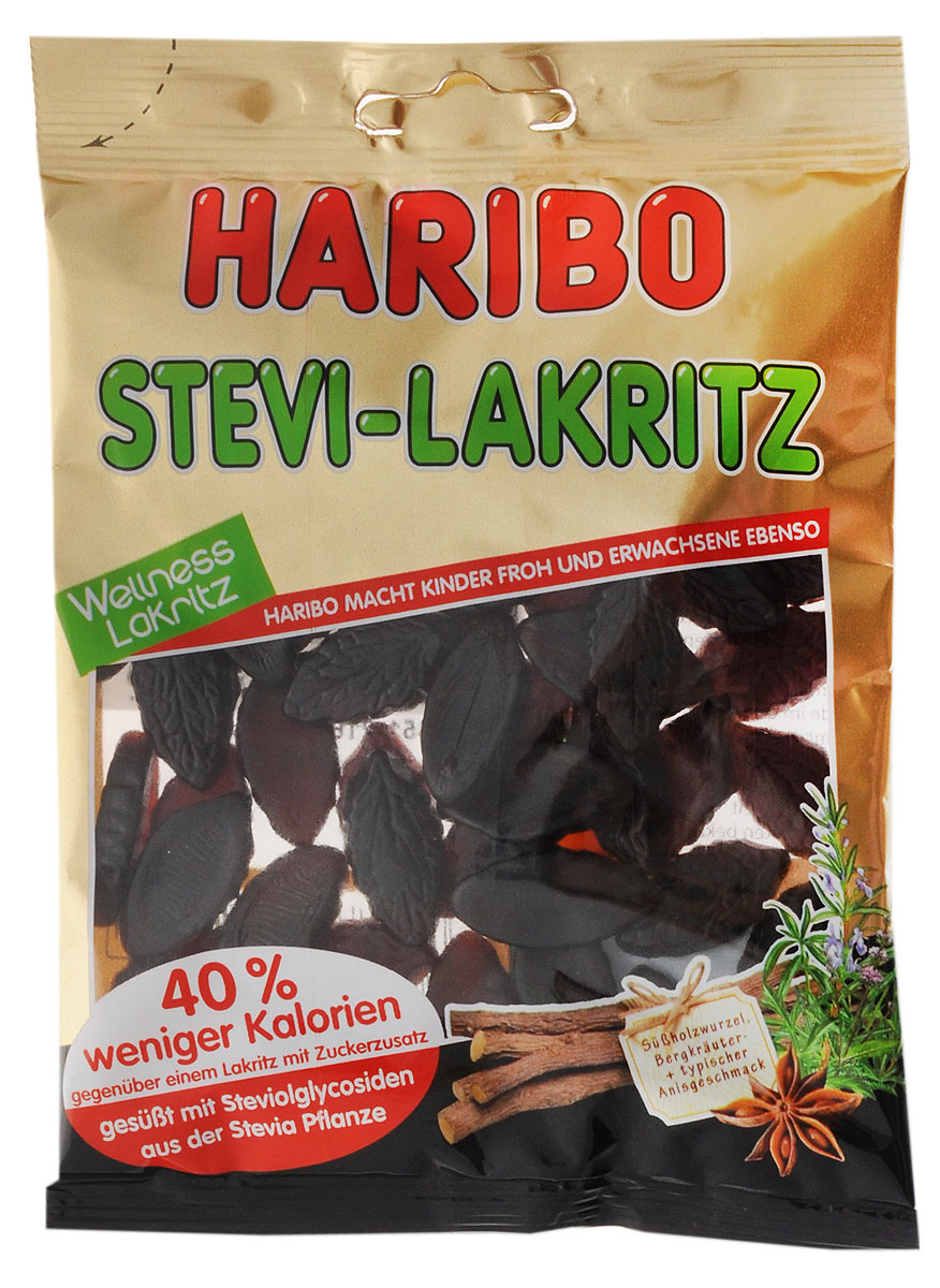Haribo Лакрица-Стевия жевательные конфеты, 100 г21050 Haribo Лакрица-Стевия жевательные конфеты, 100 г21050Лакрица Стевия от Haribo - это лакричный мармелад специально для тех, кто ведет здоровый образ жизни, ведь в его составе совсем нет сахара! Сахарозаменителем выступает стевиол, экстракт из растения стевия! Лакрица Стевия - это прекрасный лакричный мармелад без сахара!