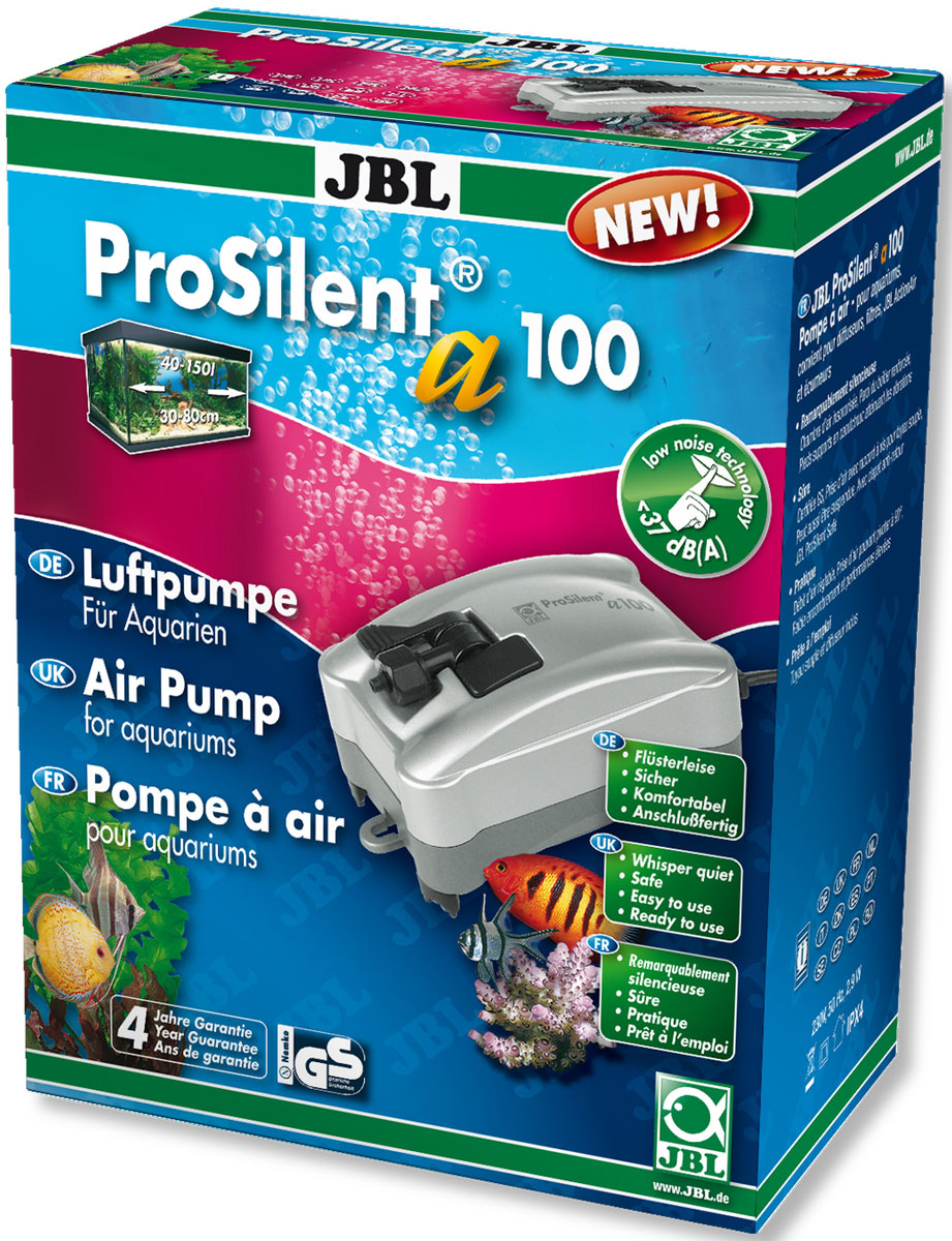 Компрессор JBL ProSilent, для аквариума 40-150 л, 100 л/ч0120710 Компрессор JBL ProSilent, для аквариума 40-150 л, 100 л/ч0120710Компрессор JBL ProSilent предназначен для пресноводного и морского аквариума объемом 40-150 л. При производительности 100 л/ч и потреблении всего 3 Вт он мощный и надежный благодаря креплениям воздушного шланга. Пониженный уровень шума: звукопоглощающая воздушная камера, антивибрационные силиконовые ножки, усиленные стенки корпуса, регулируемый выход воздуха, крепление шланга поворачивается на 90°.Устройство оборудовано обратным клапаном для предотвращения обратного потока воды в насос. Ночью компрессор полезен для аквариума, потому что растения не производят кислород без света. В аквариумах с небольшим количеством растений насос обеспечивает адекватную циркуляцию воды. В аквариумах с плотной посадкой растений компрессор ночью подает кислород в аквариум, так как содержание кислорода значительно падает из-за большого количества растений. При заболеваниях компрессор повышает содержание кислорода в воде, что необходимо для многих лекарств. Просто установить: Подключите шланг к компрессору. Отрежьте шланг для подачи воздуха и установите обратный клапан. Обрежьте оставшийся шланг до нужной длины. Один конец соедините с обратным клапаном, а другой - с распылителем воздуха. Насос можно установить на сухой стене возле аквариума. Есть крючки для подвешивания. Отрегулируйте поток воздуха на выходе.