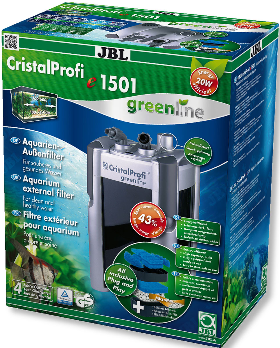 Фильтр внешний JBL CristalProfi e1501 greenline, для аквариума 200-700 л, 1400 л/чHL-300W Фильтр внешний JBL CristalProfi e1501 greenline, для аквариума 200-700 л, 1400 л/чHL-300WВнешний аквариумный фильтр JBL CristalProfi e1501 greenline - это экономичный и в то же время мощный фильтр для чистой и здоровой воды в аквариуме. Большой объем и различные слои фильтрации обеспечивают высокую биологическую производительность фильтра. Шарики биофильтра имеют различный диаметр, что способствует эффекту самоочищения. Фильтр предназначен для аквариумов объемом 200-700 л (длина 100-150 см). Потребляемая мощность всего 20 Вт обеспечивает экономию энергии. Запатентованный блок присоединения шлангов с предохранительным клапаном предотвращает утечку воды при отключении фильтра. Фильтр полностью оборудован и готов к подключению: встроенная система быстрого запуска означает запуск фильтра без всасывания воды. Простая сборка. Фильтрующий материал также в комплекте. Тихая работа при мощности насоса 1400 л/ч. Запатентованный префильтр: высокая производительность биологической фильтрации при объеме 12 л, краны, соединители шланга с поворотом на 360°, простая замена фильтрующих материалов. Остатки растений, корма и продукты обмена веществ ухудшают качество воды в аквариуме. Хорошее качество воды необходимо для укрепления здоровья рыб и растений. Этого можно достичь с помощью аквариумного фильтра. Фильтр забирает воду из аквариума и устраняет грязь и отходы из воды. Фильтры также предоставляют бактериям, разлагающим загрязняющие вещества, идеальную среду обитания. В комплекте: внешний фильтр, в том числе шланги, трубки 12/16, защитная решетка, уголки, присоски, фильтрующие материалы (шарики и губка биофильтрации).