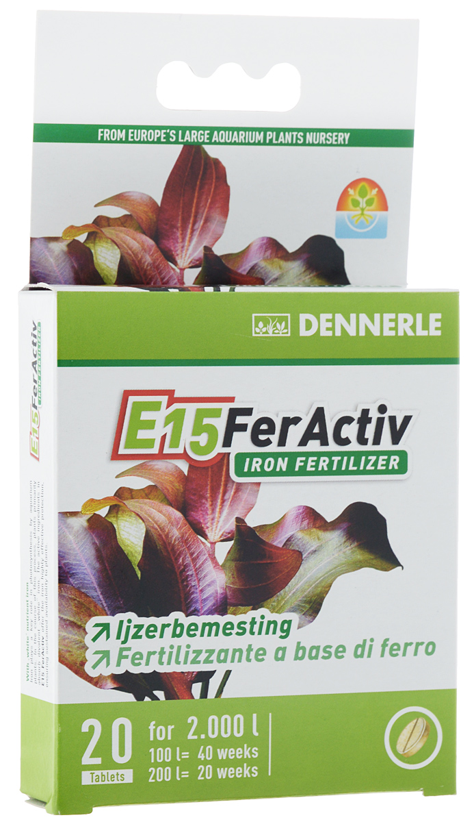 Удобрение для аквариумных растений Dennerle E15 FerActiv, железосодержащее, в таблетках, 20 штDEN4549 Удобрение для аквариумных растений Dennerle E15 FerActiv, железосодержащее, в таблетках, 20 штDEN4549Удобрение для аквариумных растений Dennerle E15 FerActiv способствует образованию сочной, зеленой, пышной листвы. Содержит белое железо, готовое к немедленному потреблению. Препятствует образованию желтых стекловидных листьев. Устраняет дефицит железа, молодые листья имеют сочную зеленую окраску. Дополнительно содержит жизненно необходимые калий и марганец. Не содержит нитратов и фосфатов, не способствует развитию водорослей.Дозировка: 1 таблетка на 100 литров аквариумной воды раз в 2 недели. При использовании в системе Dennerle Perfeckt Plant 1 таблетка раз в 4 недели. Вес: 18 г. Количество таблеток: 20 шт. Товар сертифицирован.