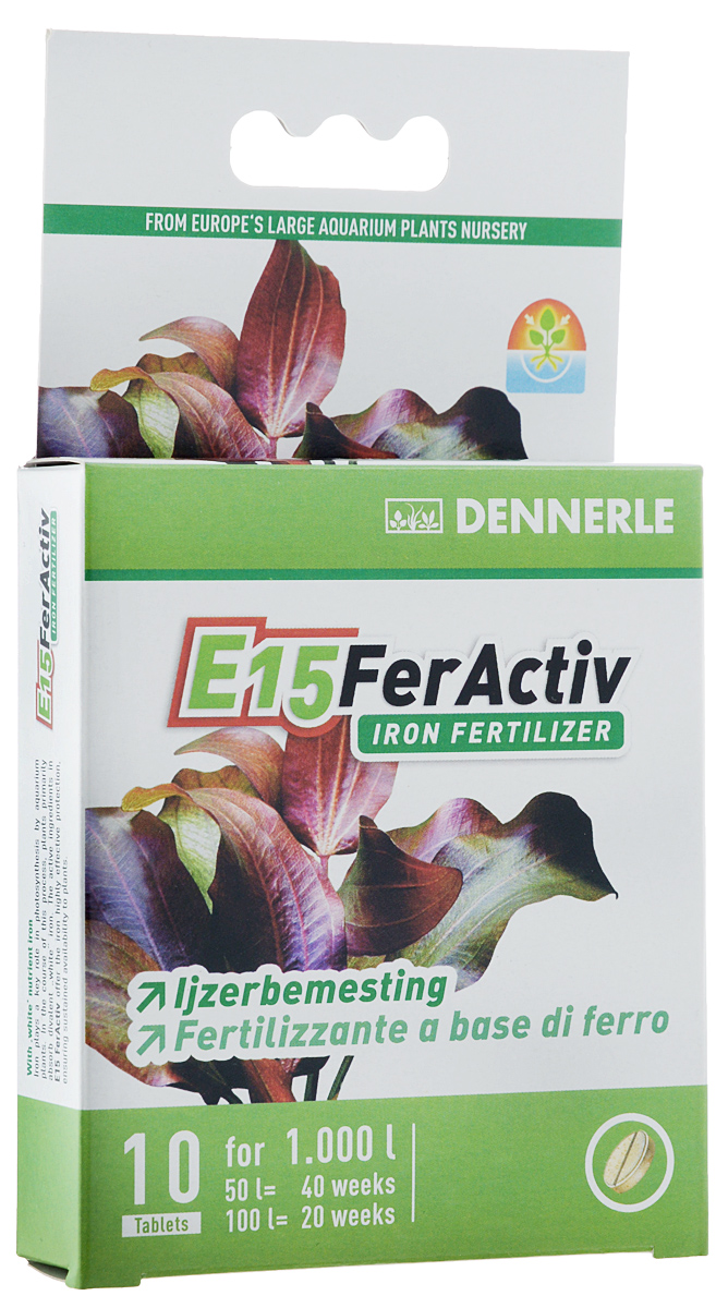 Удобрение для аквариумных растений Dennerle E15 FerActiv, в таблетках, 10 шт на 1000 л0120710 Удобрение для аквариумных растений Dennerle E15 FerActiv, в таблетках, 10 шт на 1000 л0120710Удобрение для аквариумных растений Dennerle E15 FerActiv способствует образованию сочной, зеленой, пышной листвы. Содержит белое железо, готовое к немедленному потреблению. Препятствует образованию желтых стекловидных листьев. Устраняет дефицит железа, молодые листья имеют сочную зеленую окраску. Дополнительно содержит жизненно необходимые калий и марганец. Не содержит нитратов и фосфатов, не способствует развитию водорослей.Дозировка: 1 таблетка на 100 литров аквариумной воды раз в 2 недели. При использовании в системе Dennerle Perfeckt Plant 1 таблетка раз в 4 недели. Вес: 9 г. Количество таблеток: 10 шт. Товар сертифицирован.