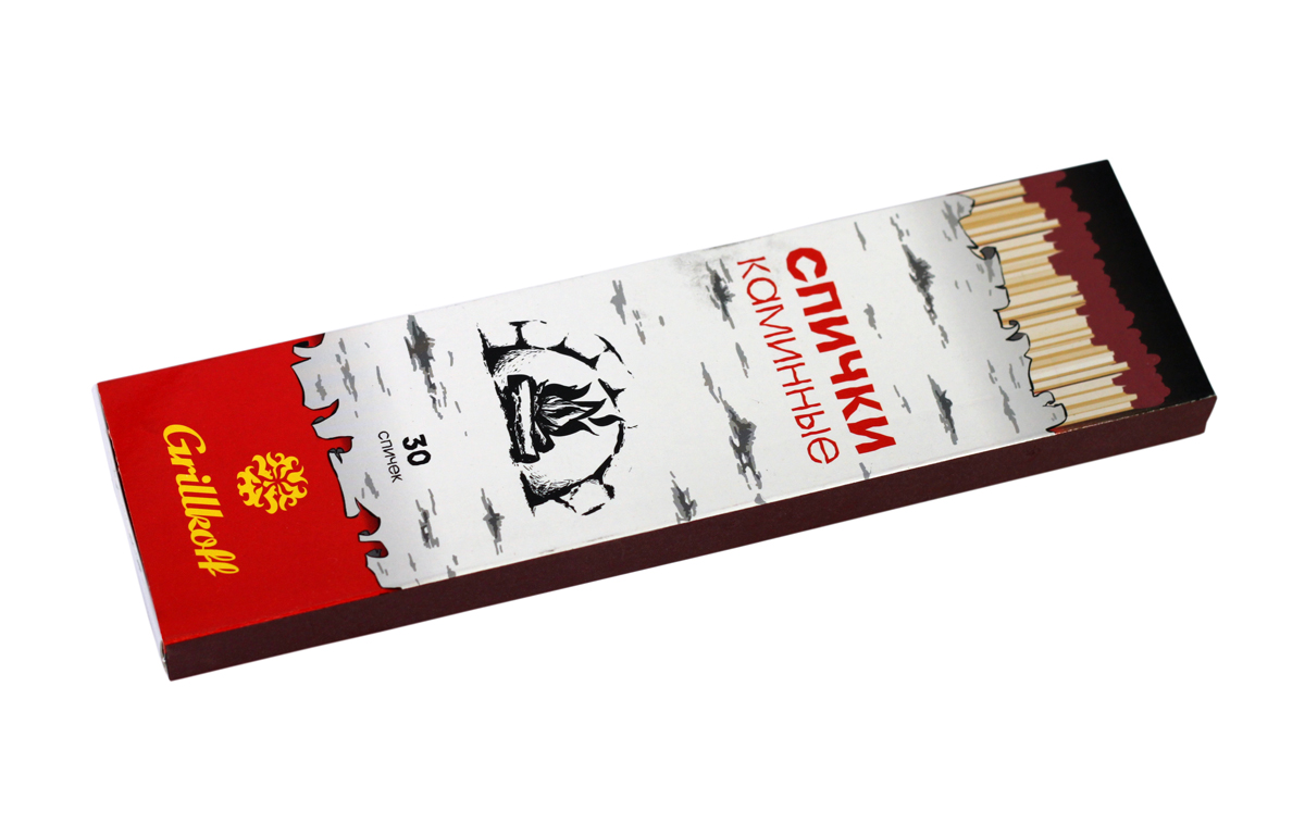 Спички Grillkoff Каминные, длина 21 см, 30 шт54 009312 Спички Grillkoff Каминные, длина 21 см, 30 шт54 009312Спички Каминные Спички каминные – основное отличие этих спичек является их длинна 20 см, также они толще обычных спичек. Увеличенные габаритные размеры обеспечивают длительное горение, безопасный и удобный розжиг, даже в удаленных местах топки камина или печи без ожога рук. В коробке - 30 шт.