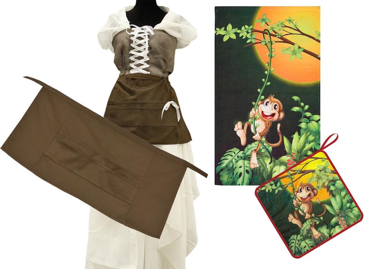 Комплект кухонный Soavita Monkey, цвет: черный, коричневый, 3 предмета504/CHAR004 Комплект кухонный Soavita Monkey, цвет: черный, коричневый, 3 предмета504/CHAR004Комплект кухонный Soavita Monkey состоит из полотенца, салфетки и передника. Полотенце и салфетка выполнены из высококачественной микрофибры и оформлены красочным рисунком с изображением обезьянок. Салфетка по краю окантована и дополнена петелькой. Изделия быстро впитывают влагу, легко стираются и обладают длительным сроком службы. Передник с завязками на талии изготовлен из натурального хлопка и дополнен4 карманами для аксессуаров. В кухонном комплекте Soavita Monkey есть весь необходимый текстиль для кухни. Такой набор порадует вас практичностью и функциональностью, а стильный яркий дизайн гармонично дополнит интерьер кухни. Размер салфетки: 30 х 30 см. Размер полотенца: 38 х 64 см. Размер передника: 67 х 32 см.
