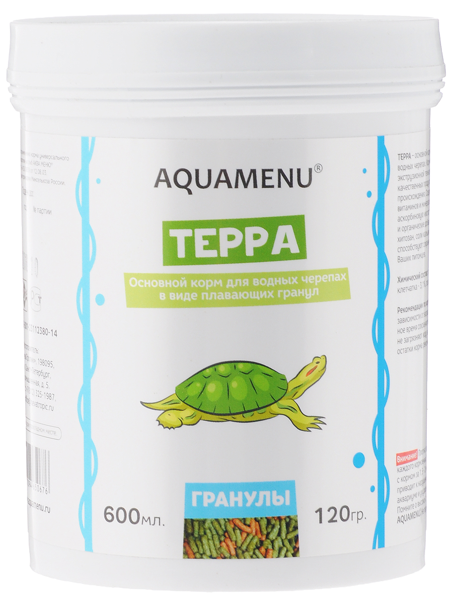 Корм Aquamenu Терра, для водных черепах, 600 мл (120 г)0120710 Корм Aquamenu Терра, для водных черепах, 600 мл (120 г)0120710Корм Aquamenu Терра - это основной корм в виде плавающих гранул для водных черепах. Корм изготовлен по современной экструзионной технологии из натуральных высококачественных продуктов животного и растительного происхождения. Содержит водоросли, комплекс витаминов и минералов, стабилизированную аскорбиновую кислоту. Специальные минеральные и органические добавки укрепляют иммунитет и способствуют сохранению скелета и панциря ваших питомцев.Товар сертифицирован.