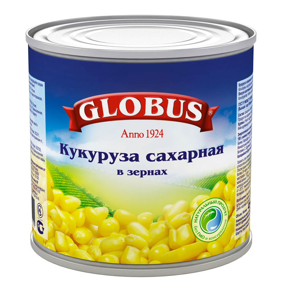Globus кукуруза сладкая, 340 г0120710 Globus кукуруза сладкая, 340 г0120710Кукуруза в зернах Globus прекрасно сочетается с овощами, мясом, птицей, сыром, зеленью, яйцами, рисом и морепродуктами. Даже некоторые десерты содержат в своих рецептах консервированную кукурузу.Полезные свойства кукурузы. В организме людей, регулярно употребляющих консервированную кукурузу, увеличивается содержание магния, фолата и фолиевой кислоты. Эти микроэлементы хорошо укрепляют иммунитет и улучшают работу сердца.
