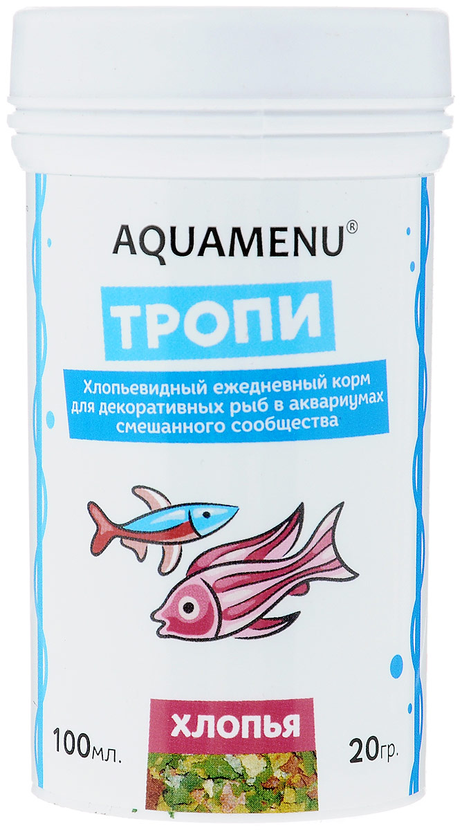 Корм Aquamenu Тропи, для декоративных рыб в аквариумах смешанного сообщества, 100 мл (20 г)4627090300030 Корм Aquamenu Тропи, для декоративных рыб в аквариумах смешанного сообщества, 100 мл (20 г)4627090300030Хлопьевидный корм Aquamenu Тропи предназначен для ежедневного кормления большинства видов аквариумных рыб. Корм производится по современной технологии из натуральных продуктов животного и растительного происхождения методом инфракрасной сушки. Связующие ингредиенты делают корм более экзотичным, ограничивая вымывание питательных веществ, аминокислот и витаминов во время пребывания в воде. Aquamenu Тропи - универсальный хлопьевидный корм для большинства видов аквариумных рыб: живородящих, цихлид, харациновых, лабиринтовых, карповых, различных сомов и других рыб.Состав: рыбная, пшеничная, соевая, травяная и водорослевая мука, крапива, микроэлементы, витамины A, B1, B2, B3, B4, B5, B6, B7, B8, B12, C, D3, E, K, H и специальные добавки.Товар сертифицирован.