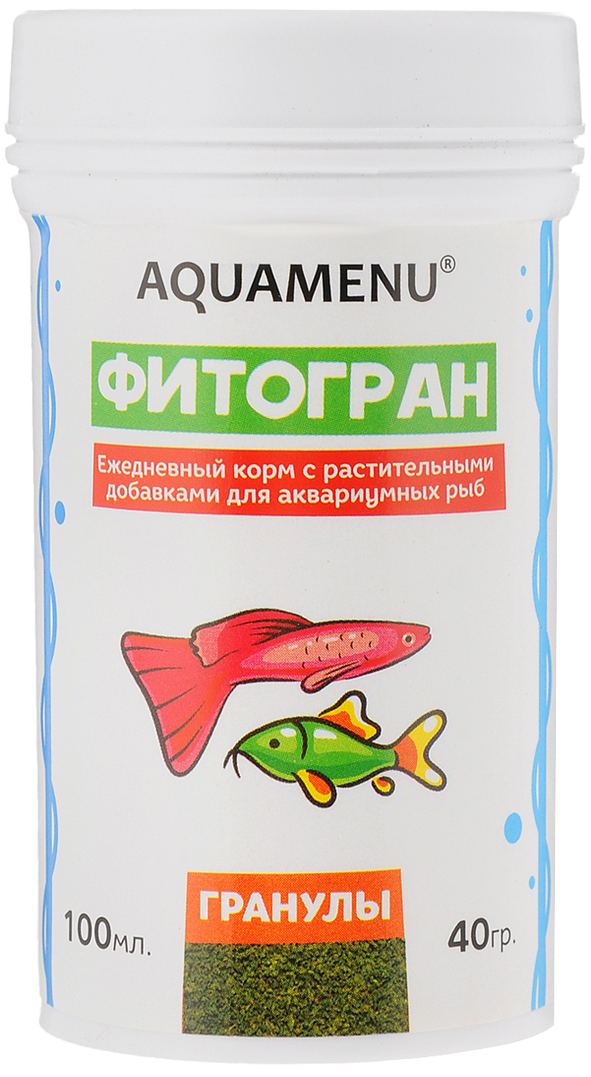 Корм Aquamenu Фитогран для аквариумных рыб, с растительными добавками, 100 мл (40 г)0120710 Корм Aquamenu Фитогран для аквариумных рыб, с растительными добавками, 100 мл (40 г)0120710Aquamenu Фитогран - сбалансированный по всем основным питательным веществам, витаминам и микроэлементам гранулированный корм. Производится из натуральных продуктов животного и растительного происхождения методом экструзии. Aquamenu Фитогран предназначен для ежедневного кормления большинства преимущественно растительноядных видов аквариумных рыб: живородящих, карпозубых, карповых, многих харациновых, лабиринтовых, сомов, африканских цихлид и других рыб длиною 3-10 см.Состав: рыбная, пшеничная, соевая, травяная и водорослевая мука, крапива, микроэлементы, витамины A, B1, B2, B3, B4, B5, B6, B7, B8, B12, C, D3, E, K, Н и специальные добавки.Товар сертифицирован.