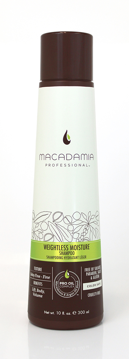 Macadamia Professional Шампунь увлажняющий для тонких волос, 300 млFS-00897 Macadamia Professional Шампунь увлажняющий для тонких волос, 300 млFS-00897Увлажняющий шампунь Macadamia Professional восстанавливает баланс влаги, придает плотность и объем даже самым тонким волосам. Содержит эксклюзивный Pro Oil Complex с маслами макадамии и арганы, масла авокадо и лесного ореха, которые обеспечивают увлажнение и восстановление, увеличивают плотность тонких волос, питают кожу головы. Содержит UVA/UVB фильтры, сохраняет цвет окрашенных волос. Защищает от воздействия неблагоприятных факторов окружающей среды.