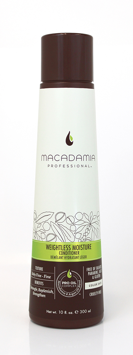 Macadamia Professional Кондиционер увлажняющий для тонких волос, 300 мл7221195000 Macadamia Professional Кондиционер увлажняющий для тонких волос, 300 мл7221195000Ультра легкая формула кондиционера Macadamia Professional не утяжеляет тонкие волосы. Эксклюзивный комплекс Pro Oil Complex с маслами макадамии и арганы придает гладкость, плотность и объем тонким волосам. Насыщен питательными маслами авокадо, грецкого ореха, обеспечивает шелковистость, мягкость, блеск и защиту от негативного действия УФ-лучей. Сочетание коллагена и витаминов А, С и Е придает волосам прочность.