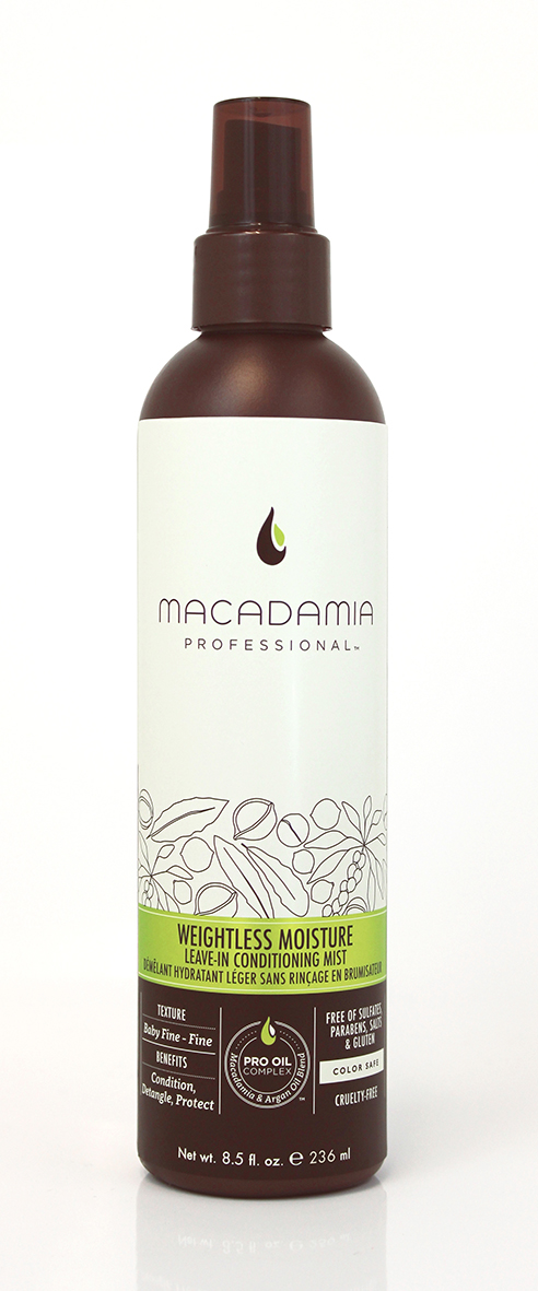 Macadamia Professional Спрей-кондиционер несмываемый, 236 мл6590141 Macadamia Professional Спрей-кондиционер несмываемый, 236 мл6590141Уникальное средство, ультралегкая формула которого не утяжеляет даже самые тонкие волосы. Кондиционер-спрей Macadamia Professional с эксклюзивным комплексом Pro Oil Complex облегчает расчесывание, помогает предотвратить повреждения, защищает цвет окрашенных волос. Гидролизированный кератин и шелковые аминокислоты глубоко проникают в структуру волос, увлажняют, питают и восстанавливают их.