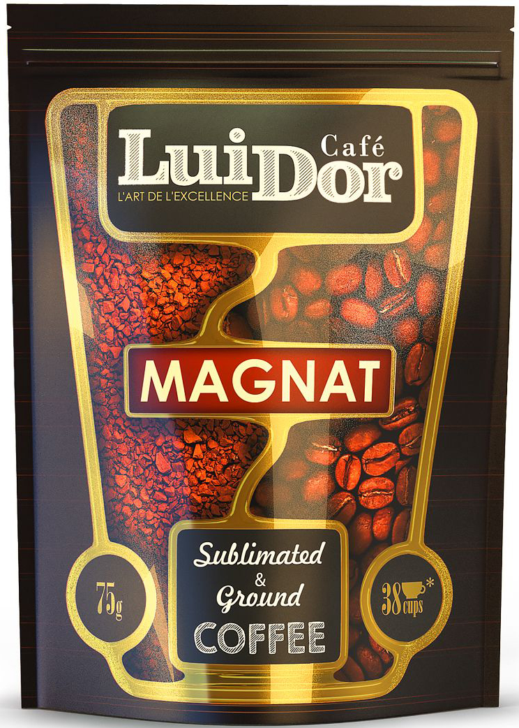Luidor Magnat кофе растворимый сублимированный с добавлением молотого, 75 г0120710 Luidor Magnat кофе растворимый сублимированный с добавлением молотого, 75 г0120710Кофе LUIDOR Magnat - это превосходное сочетание молотого кофе из Эфиопии и сублимированного кофе из отборных сортов колумбийской арабики Supremo