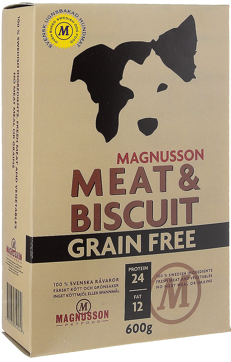 Корм сухой Magnusson Grain Free, для взрослых собак, 600 г0120710 Корм сухой Magnusson Grain Free, для взрослых собак, 600 г0120710Сухой корм Magnusson Grain Free - это полноценное, сбалансированное, богатое по составу питание, в котором нет злаков. Источником животного белка является филейная часть говядины (44% свежего мяса) без добавления мясной, рыбной, куриной муки или субпродуктов. В составе Grain Free есть свежие куриные яйца, как источник всех незаменимых аминокислот и свежая морковь, которая является отличным источником витамина А, регулирует углеводный обмен и оказывает положительное воздействие на работу пищеварительной системы вашей собаки. Источники углеводов – картофель, который улучшает обмен веществ, а также богат минеральными веществами, благотворно влияющими на пищеварительную систему и горох, который является уникальным источником углеводов, улучшает моторику кишечника. Черника, так же входящая в состав Grain Free, богата антиоксидантами, витаминами А, К и С, фосфором, кальцием, калием и полезна для здоровья глаз и мозга собаки. А в ягодах брусники большое количество полезных витаминов.Товар сертифицирован.