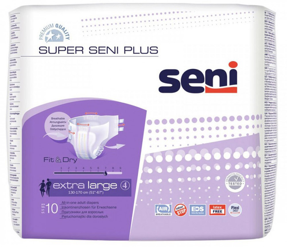 Seni Подгузники для взрослых Super Seni Plus Extra Large 10 штSE-094-XL10-A02 Seni Подгузники для взрослых Super Seni Plus Extra Large 10 штSE-094-XL10-A02Подгузники для взрослых Super Seni Plus с повышенной впитываемостью предназначены для людей, страдающих тяжелой формой инконтиненции (недержания). Особенно удобны для малоподвижных и лежачих пациентов. Дышащий (паропроницаемый) внешний слой позволяет снизить риск возникновения раздражений и опрелостей. Эластичная резинка в поясе сзади и эластичные застежки-липучки гарантируют оптимальное прилегание к телу. Распределяющий слой EDS быстро и равномерно впитывает жидкость, что обеспечивает более полное ощущение сухости.Подгузники также содержат гидрофобные боковые внутренние бортики - это дополнительная защита от протекания.Мягкий нетканый материал на поверхности, двойной впитывающий слой с антибактериальным абсорбентом обеспечивают высокую впитываемость и нейтрализацию неприятного запаха.Могут использоваться как при недержании мочи, так и при недержании кала.Окружность подгузников по талии 130-170 см.