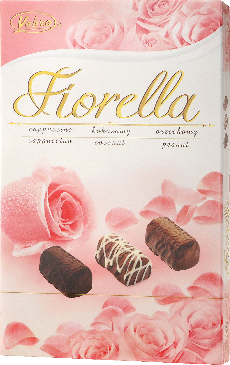 Vobro Fiorella набор шоколадных конфет, 140 г3405 Vobro Fiorella набор шоколадных конфет, 140 г3405Vobro Fiorella - набор шоколадных конфет с тремя вкусами. Под деликатным шоколадом скрыт вкус кокоса, ореха и капучино. Конфеты доступны в различных графических упаковках.