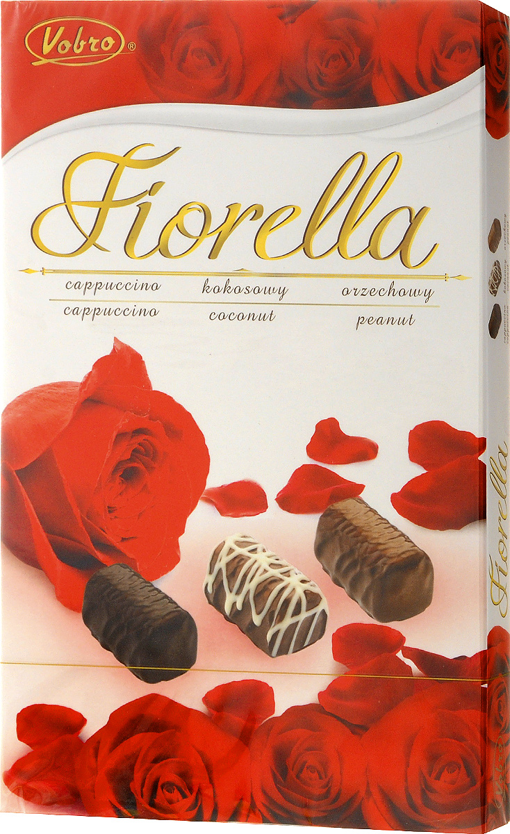 Vobro Fiorella набор шоколадных конфет, 140 г3433 Vobro Fiorella набор шоколадных конфет, 140 г3433Vobro Fiorella - набор шоколадных конфет с тремя вкусами. Под деликатным шоколадом скрыт вкус кокоса, ореха и капучино. Конфеты доступны в различных графических упаковках.