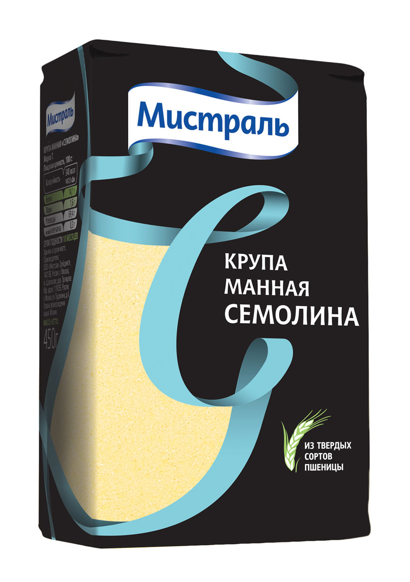 Мистраль Крупа манная Семолина, 450 г0120710 Мистраль Крупа манная Семолина, 450 г0120710При приготовлении манная крупа Семолина не образует комочков и приобретает кремовый оттенок и сладковатый вкус1. Поместите крупу в кастрюлю с кипящим молоком в соотношении 1:7.2. Варите на умеренном огне 3-5 минут до загустения, непрерывно помешивая. Добавьте по вкусу соль, сахар, варенье или мед.