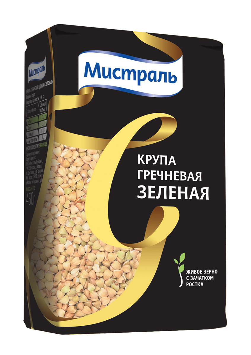 Мистраль Крупа гречневая зеленая, 450 г0120710 Мистраль Крупа гречневая зеленая, 450 г0120710Зеленая гречка - это продукт, в котором сохранились все лучшие природные компоненты. Она не проходит процедуру пропаривания и обжарки, благодаря чему ваши блюда станут еще полезнее.Зеленую гречку можно проращивать. Для этого залейте зерна питьевой водой на 3-4 часа, затем промойте и накройте влажной натуральной тканью. Через 18-20 часов появятся полезные и вкусные молодые ростки.Отварная зеленая гречка - гарнир к блюдам из мяса или овощей. Пророщенная зеленая гречка хороша в салатах или закусках с соусами и специями.