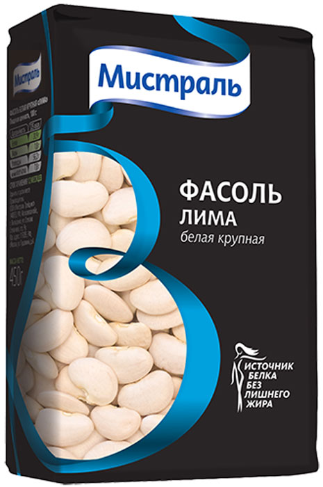 Мистраль Фасоль белая крупная Лима, 450 г0120710 Мистраль Фасоль белая крупная Лима, 450 г0120710Фасоль белая крупная Лима имеет очень мягкий вкус и кремообразную текстуру, фасоль ЛИМА идеальна в супах, запеканках и в качестве овощного гарнира. Перед приготовлением замочите фасоль в холодной воде не менее чем на 4 часа. Замачивание сокращает время варки фасоли и делает ее мягче. Поместите промытую фасоль в кастрюлю с водой в соотношении 1:5, доведите до кипения. Варите 10 минут на сильном огне, а затем до готовности 2-2,5 часа на слабом огне. Добавляйте соль в конце варки, так как она замедляет процесс приготовления.