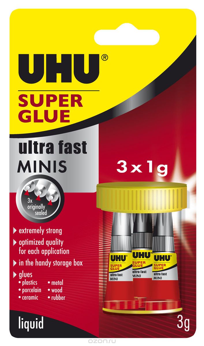 UHU Клей Super Glue 3 шт45585 UHU Клей Super Glue 3 шт45585Клей UHU Super Glue -однокомпонентный прозрачный лей на основе цианакрилата. Особенно удобен для работы с маленькими деталями, при склеивании которых, нужна большая точность. В течение нескольких секунд обеспечивает прочное склеивание различных материалов. В первую очередь подходит для твёрдых материалов, имеющих ровную поверхность.Клей не подходит для полиэтилена, полипропилена, соединений силикона, тефлона (PTFE), стиропора.Клеевое соединение выдерживает любую температуру до +82 С (низкие температуры – без ограничений), а также краткосрочное воздействие воды.Открытый клей рекомендуется хранить в прохладном месте.Инструкция по использованию:Предпосылка удачного склеивания – идеально чистая и сухая поверхность. В случае, если материал позволяет это сделать, рекомендуется многократная протирка места склеивания растворителями (ацетоном и т.п.). При склеивании металлов достаточно просто очистить поверхность наждаком или щёткой.Необходимо нанести Клей на одну из склеиваемых сторон, вторую сторону тут же прижать к ней. Излишки клея можно удалить с помощью бумажной салфетки сразу же после использования. Клей схватывает (в зависимости от материала) через несколько секунд либо через несколько минут. Максимальная прочность соединения достигается через 12 часов. Клеевое соединение можно разъединить нагревом до 180 С, а также при долгосрочном воздействии воды либо ацетоном.Высокая влажность ускоряет процесс схватывания, соответственно, при низкой влажности он тормозится. Поэтому для ускорения процесса схватывания на нанесённый клей можно подуть.Для удаления остатков клея используйте ацетон.Клей очень быстро схватывает при повышенной влажности (например, вступая в контакт с потом, кожным жиром, слезой и т.п.), поэтому при работе с ним надо быть крайне осторожным.В упаковке: три тюбика клея по 1 г. Характеристики:Объем одного тюбика: 1 г. Размер упаковки: 17 см х 9,5 см х 1,5 см.