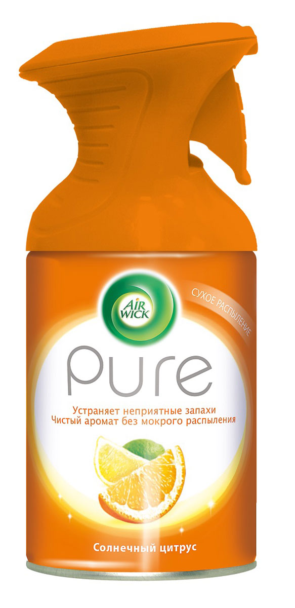 Освежитель воздуха AirWick Pure, солнечный цитрус, 250 мл106-026 Освежитель воздуха AirWick Pure, солнечный цитрус, 250 мл106-026Новый освежитель воздуха Air Wick Pure не содержит воды и эффективно устраняет неприятные запахи без мокрого распыления. Используйте освежители воздуха Air Wick Pure в каждой комнате, наполняя ваш дом свежими и приятными ароматами. Инструкция по использованию: держа баллон регулярно, нажать на курок до упора и распылить аэрозоль от себя к центру комнаты. Внимание! Прочитать внимательно этикетку перед использованием. Хранить в недоступном для детей и животных месте. Использовать с осторожностью при повышенной чувствительности к парфюмерным отдушкам. Освежители воздуха не являются заменой надлежащих мер гигиены. Использовать только в хорошо проветриваемых помещениях. Меры предосторожности: баллон находится под давлением. При нагревании возможен разрыв баллона. Предохранять от воздействия прямых солнечных лучей и нагревания выше 50 градусов. Огнеопасно! Не распылять вблизи открытого огня, раскаленных предметов, тепла или включенного электрооборудования. Не курить. Срок годности: 24 месяца.