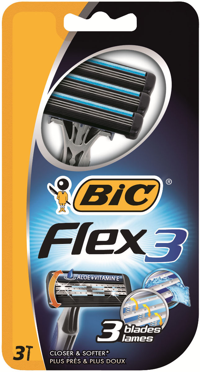 BIC Бритва Flex3, бл.3 шт8896911 BIC Бритва Flex3, бл.3 шт88969113-лезвийная бритва с технологией движущихсянезависимо друг от друга лезвий. Пружины обеспечивают меньшеедавление лезвия и минимизируют вероятность порезов. Очень широкая защитная полоска. Двойная увлажняющая полоска:меньше раздражения. Загнутая прорезиненная ручка.