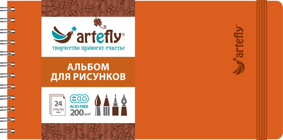 Artefly Альбом для рисования 24 листа цвет оранжевый72523WD Artefly Альбом для рисования 24 листа цвет оранжевый72523WDАльбом идеально подходит для рисования в нем карандашом, маркерами, тушью, красками на водной основе. Удобная эластичная застежка защитит Вашу записную книжку. Переплет на спирали делает альбом еще более удобным и позволяет с легкостью переворачивать страницы.