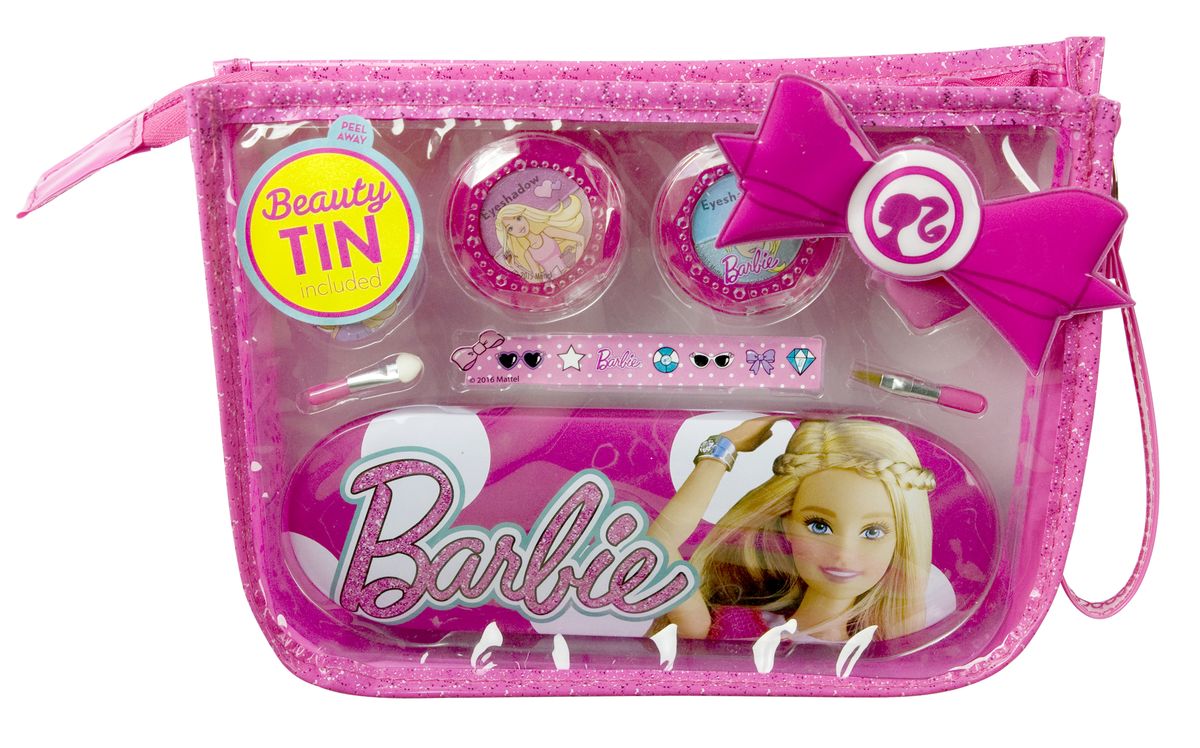 Markwins Игровой набор детской декоративной косметики Barbie в сумочке 960045128032022 Markwins Игровой набор детской декоративной косметики Barbie в сумочке 960045128032022Состав набора: двойные тени для век 2 шт., блеск для губ в баночке 1 шт., аппликатор для нанесения теней 1 шт., кисть для нанесения блеска для губ 1 шт., заколочка для волос 1 шт., пенал 1 шт., сумочка 1 шт., наклейки.