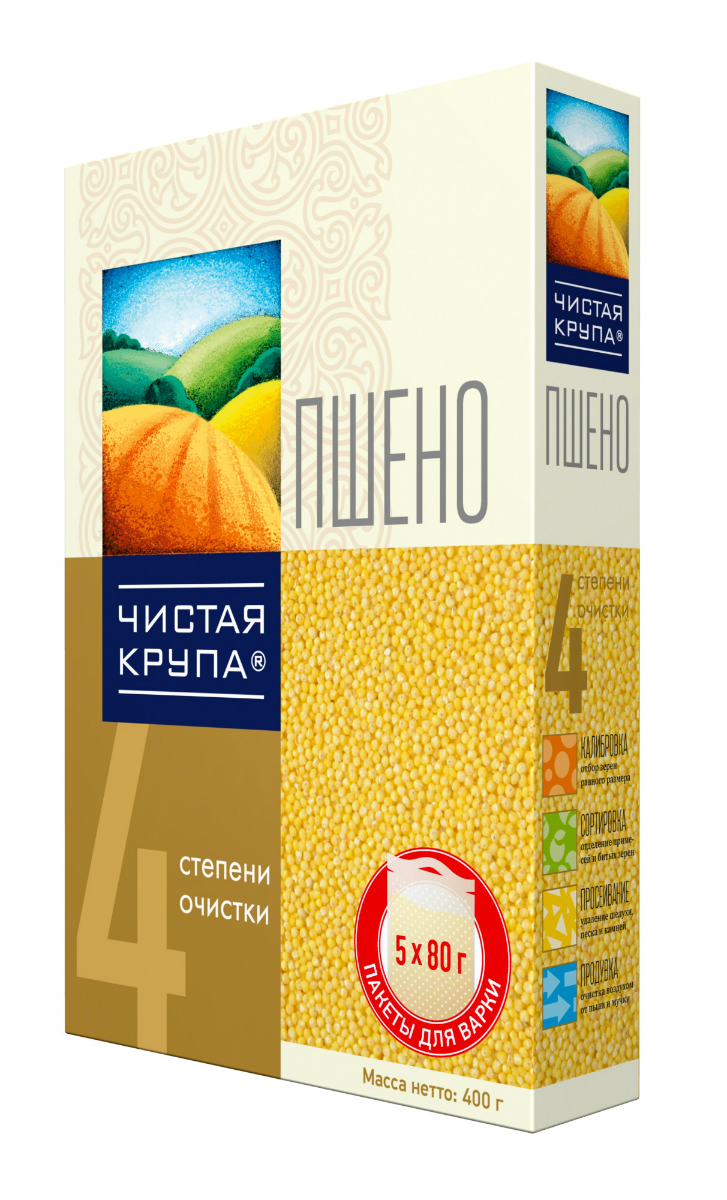Чистая Крупа пшено в пакетиках для варки, 5 шт по 80 г0120710 Чистая Крупа пшено в пакетиках для варки, 5 шт по 80 г0120710Пшенная крупа - это богатая палитра витаминов и микроэлементов, которые требуются человеку для ежедневной умственной и физической работы! Пшено является источником калия, кремния, фтора, магния, меди и витамина В1. Пшенная каша также способна выводить из организма ионы тяжелых металлов, что делает её одной из самых необходимых продуктов в рационе современного человека.