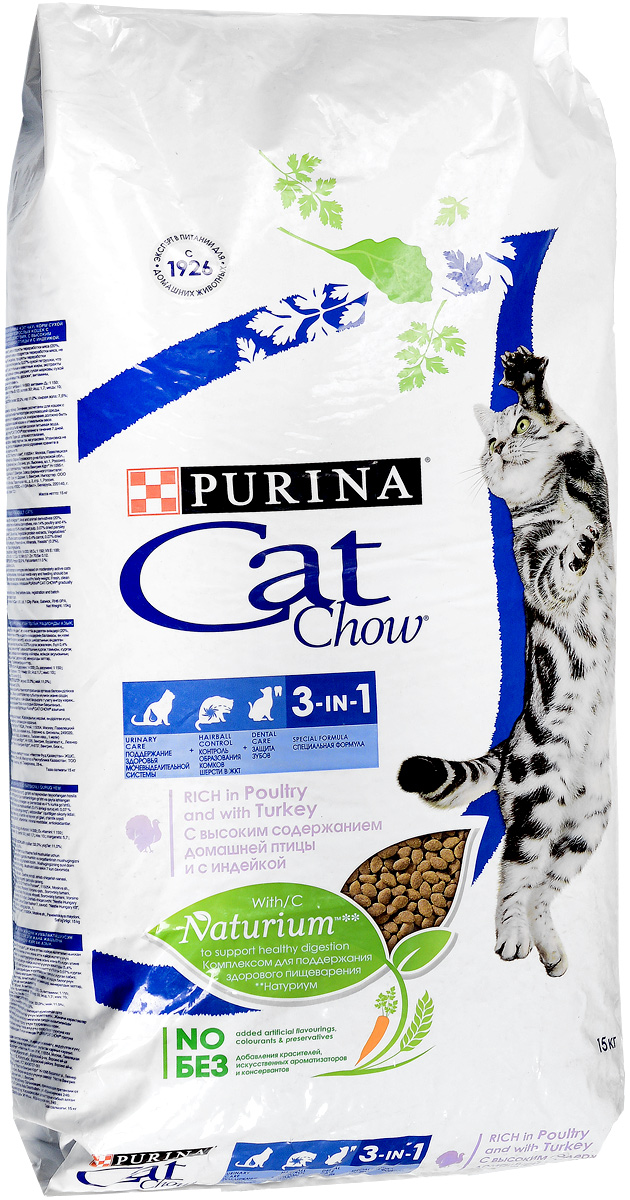 Корм сухой для кошек Cat Chow Feline, с формулой тройного действия, 15 кг0120710 Корм сухой для кошек Cat Chow Feline, с формулой тройного действия, 15 кг0120710Корм сухой для кошек Cat Chow Feline - полнорационный корм для взрослых кошек с формулой тройного действия. Сама природа вдохновляет компанию PURINA на разработку кормов, которые максимально отвечают потребностям ваших питомцев, с учетом их природных инстинктов. Имея более чем 80-ти летний опыт в области питания животных, PURINA создала новый корм Cat Chow - полностью сбалансированный корм, который не только доставит удовольствие вашей кошке, но и будет полезным для ее здоровья. Особенности корма Cat Chow Feline:Высокое содержание мяса, с источниками высококачественного белка в каждой порции для поддержания оптимальной массы тела. Особое сочетание натуральных ингредиентов: тщательно отобранные травы и овощи (петрушка, шпинат, морковь, горох). Отборные ингредиенты придают особый аромат. Высокое содержание витамина Е для поддержания естественной защиты организма питомца. Содержит мякоть свеклы и цикорий для поддержания здорового пищеварения и уменьшения запаха от туалетного лотка. Формула тройного действия помогает защитить зубы от образования налета и зубного камня, содержит минералы для здоровья мочевыделительной системы и дополнена источниками клетчатки для контроля образования комков шерсти в желудочно-кишечном тракте. Состав: злаки, мясо, мясные субпродукты и продукты переработки мяса (мин. 20%), экстракт растительного белка, продукты растительного происхождения (сухая мякоть свеклы 2,7%, петрушка 0,4%), масла и жиры, овощи (сухой корень цикория 2%, морковь 1,3%, шпинат 1,3%, зеленый горох 1,3%), дрожжи, минеральные вещества.Добавленные вещества (на 1 кг): витамин А 14000 МЕ; витамин D3 1160 МЕ; витамин Е 100 МЕ; железо 162 мг; йод 2,6 мг; медь 39 мг; марганец 17 мг; цинк 204 мг; селен 0,26 мг. С антиокислителями. Гарантируемые показатели: белок 34%, жир 11%, сырая зола 7%, сырая клетчатка 4,5%.Товар сертифицирован.