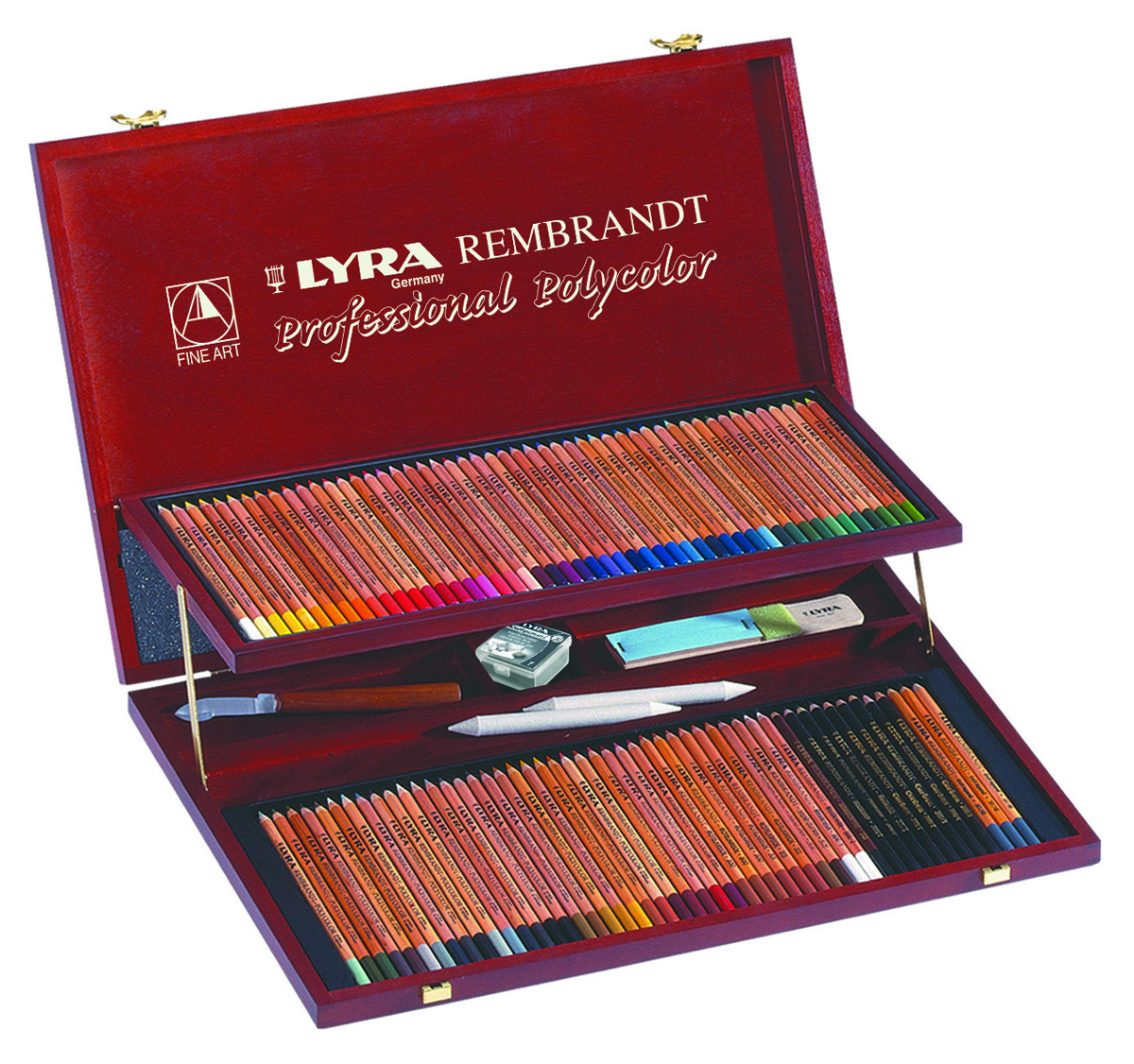 Lyra Художественные цветные карандаши Rembrandt Polycolor 105 цветов72523WD Lyra Художественные цветные карандаши Rembrandt Polycolor 105 цветов72523WDНабор профессиональных цветных карандашей LYRA REMBRANDT POLYCOLOR с аксессуарами в деревянном кейсе. В комплекте 105 предметов. 100 цветных карандашей, нож для заточки, ластик, наждачная бумага