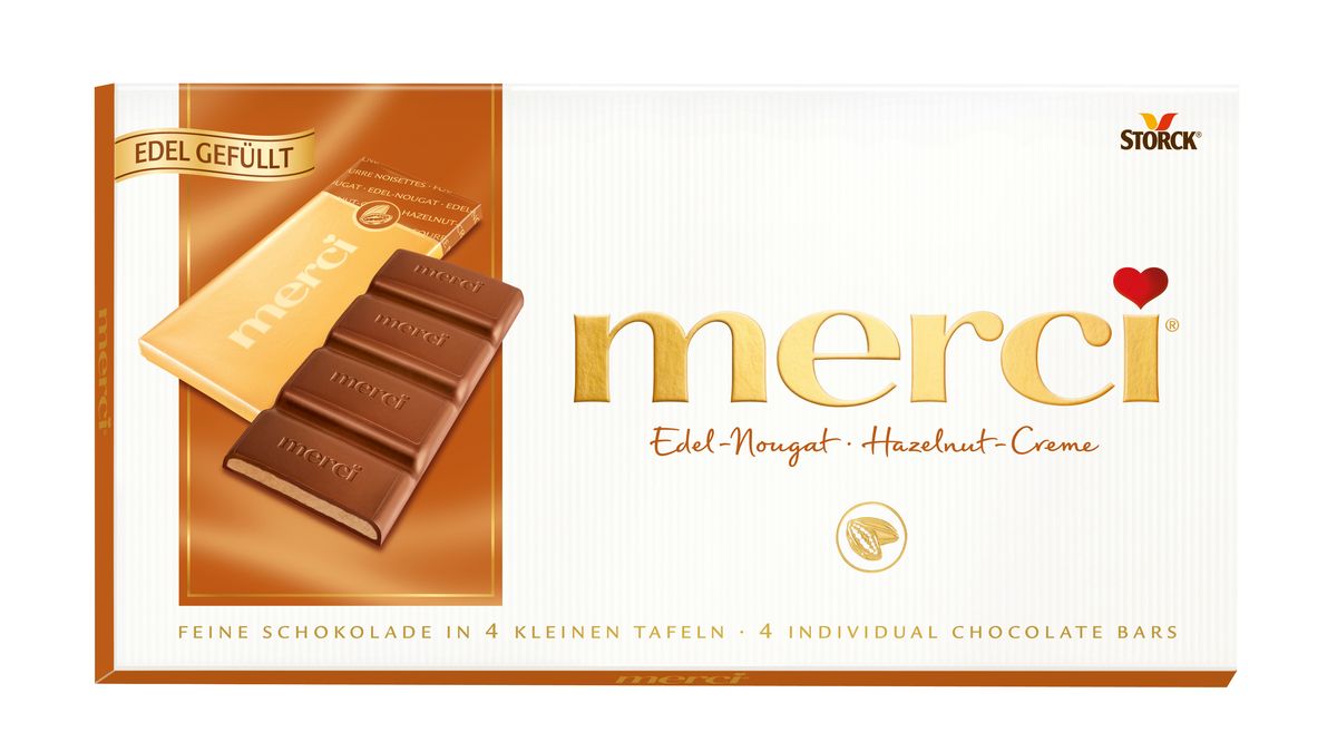 Merci Шоколад с ореховым кремом, 112 г140323 Merci Шоколад с ореховым кремом, 112 г140323Merci шоколадные плитки – это шоколад высочайшего немецкого качества. Оригинальная упаковка в виде конверта содержит четыре изящных индивидуально упакованных плиточки шоколада. Шоколадные плитки Merci представлены в шести вкусах: Молочный шоколад, Горький шоколад, Лесной орех и миндаль, Кофе и сливки, Ореховый крем, Марципан.
