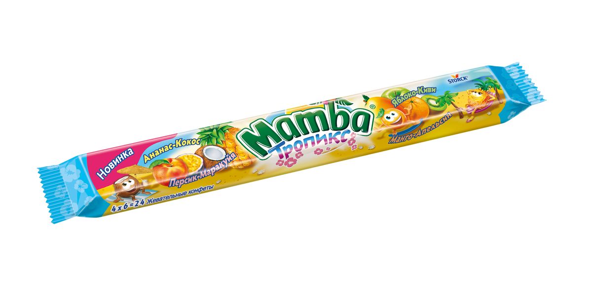 Mamba Тропикс Жевательная конфета, 106 г0120710 Mamba Тропикс Жевательная конфета, 106 г0120710Откройте для себя насыщенные фруктовые вкусы конфет Мамба и подружитесь с веселыми и жизнерадостными обитателями острова Мамба!