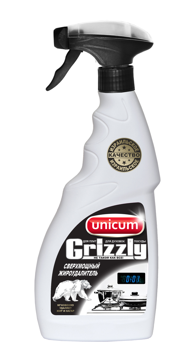 Жироудалитель Unicum Гризли, 500 мл790009 Жироудалитель Unicum Гризли, 500 мл790009Жироудалитель Unicum Гризли - особое средство для мгновенного удаления самых стойких застарелых и подгоревших масложировых загрязнений, нагара, копоти с поверхностей кухонных плит, духовых шкафов, грилей, кастрюль, сковородок, пароуловителей, кафельной плитки, в том числе и с охлажденных поверхностей.Товар сертифицирован.