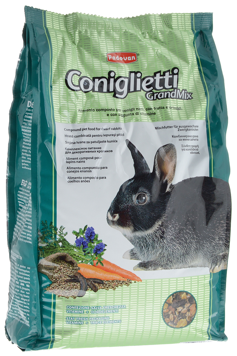Корм для кроликов Padovan Grandmix Coniglietti, 3 кг0120710 Корм для кроликов Padovan Grandmix Coniglietti, 3 кг0120710Padovan Grandmix Coniglietti - комплексный, высококачественный основной корм для кроликов. Обогащен фруктами и овощами, витаминами и минералами. Корм предназначен для повседневного питания кроликов (особенно для кроликов карликовых пород). Питательная смесь из самых лучших злаков позаботится о запасе энергии для вашего любимца на каждый день, а полезные овощи и фрукты подарят все незаменимые витамины и микроэлементы, которые укрепят иммунную систему и помогут всему организму любимца оставаться здоровым и молодым как можно дольше. А природные масла сделают шерстку кролика еще мягче и эластичнее.Товар сертифицирован.
