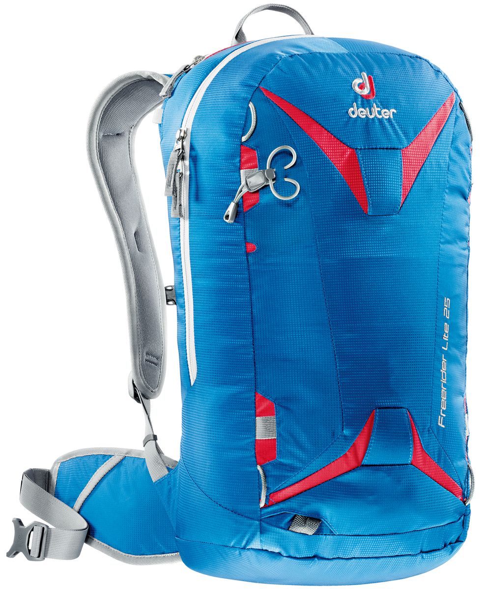 Рюкзак спортивный Deuter Freerider Lite, цвет: синий, красный, 25 л3303017_3516 Рюкзак спортивный Deuter Freerider Lite, цвет: синий, красный, 25 л3303017_3516Рюкзак спортивный Deuter Freerider Lite - удобный рюкзак для бэккантри и фрирайда. Особенности: - сноуборд и снегоступы могут быть прикреплены в вертикальном положении; - стропы крепления позволяют переносить снегоступы в центре, сбоку и по диагонали; - две петли ледоруба, которые могут убираться; - большое отделение для лавинной лопаты и лейбл SOS; - отделение для зонда; - боковые компрессионные ремни; - стабилизирующие ремни; - совместим с питьевой системой; - съемная фиксация шлема; - внешнее отделение на молнии для маски или очков с флисовой обивкой изнутри; - отделение для влажной одежды; - петли для снаряжения и карман на молнии на поясе, система Vari Flex , съемный пояс; - 3M отражатель; - съемная сидушка; Материал: 100D Pocket Rip Mini.Вес: 940 грамм.Объём 25 литров. Размеры: 56 x 28 x 20 см.