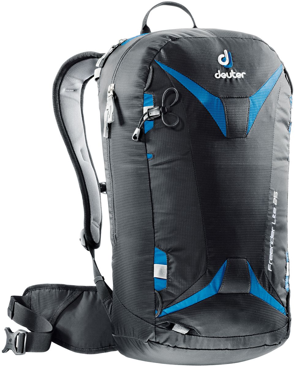 Рюкзак спортивный Deuter Freerider Lite, цвет: черный, синий, 25 л3303017_7303 Рюкзак спортивный Deuter Freerider Lite, цвет: черный, синий, 25 л3303017_7303Рюкзак спортивный Deuter Freerider Lite - удобный рюкзак для бэккантри и фрирайда. Особенности: - сноуборд и снегоступы могут быть прикреплены в вертикальном положении; - стропы крепления позволяют переносить снегоступы в центре, сбоку и по диагонали; - две петли ледоруба, которые могут убираться; - большое отделение для лавинной лопаты и лейбл SOS; - отделение для зонда; - боковые компрессионные ремни; - стабилизирующие ремни; - совместим с питьевой системой; - съемная фиксация шлема; - внешнее отделение на молнии для маски или очков с флисовой обивкой изнутри; - отделение для влажной одежды; - петли для снаряжения и карман на молнии на поясе, система Vari Flex , съемный пояс; - 3M отражатель; - съемная сидушка; Материал: 100D Pocket Rip Mini.Вес: 940 грамм.Объём 25 литров. Размеры: 56 x 28 x 20 см.