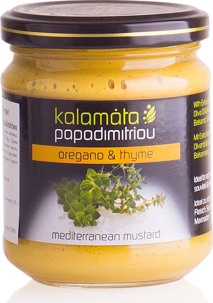 Papadimitriou горчица с душицей и чабрецом, 200 г0120710 Papadimitriou горчица с душицей и чабрецом, 200 г0120710Мягкая горчица в удобной упаковке. Kalamata Papadimitriou является ведущим брендом соусов и уксусов в Греции и экспортируется в разные страны по всему миру.