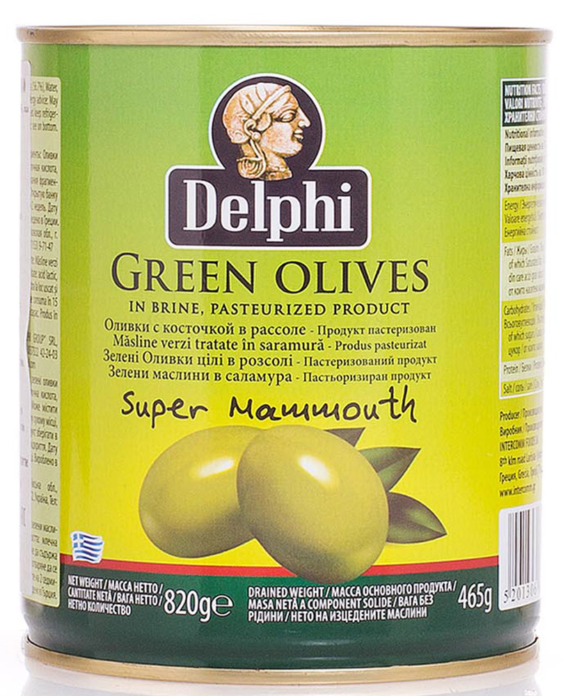 Delphi Оливки с косточкой в рассоле Super Mammouth 91-100, 820 г0120710 Delphi Оливки с косточкой в рассоле Super Mammouth 91-100, 820 г0120710В жестяной банке находятся зеленые отборные делфи оливки, выращенные на солнечном острове Крит, содержащие косточки, которые залиты рассолом.